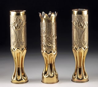 Three WWI Brass Mortar Shell Trench Art Vases