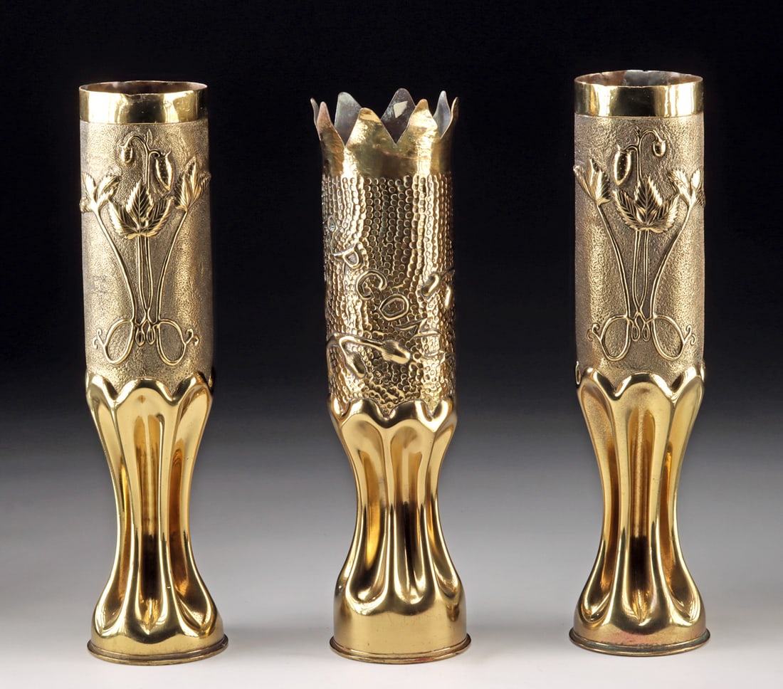 Three WWI Brass Mortar Shell Trench Art Vases (1 of 3)