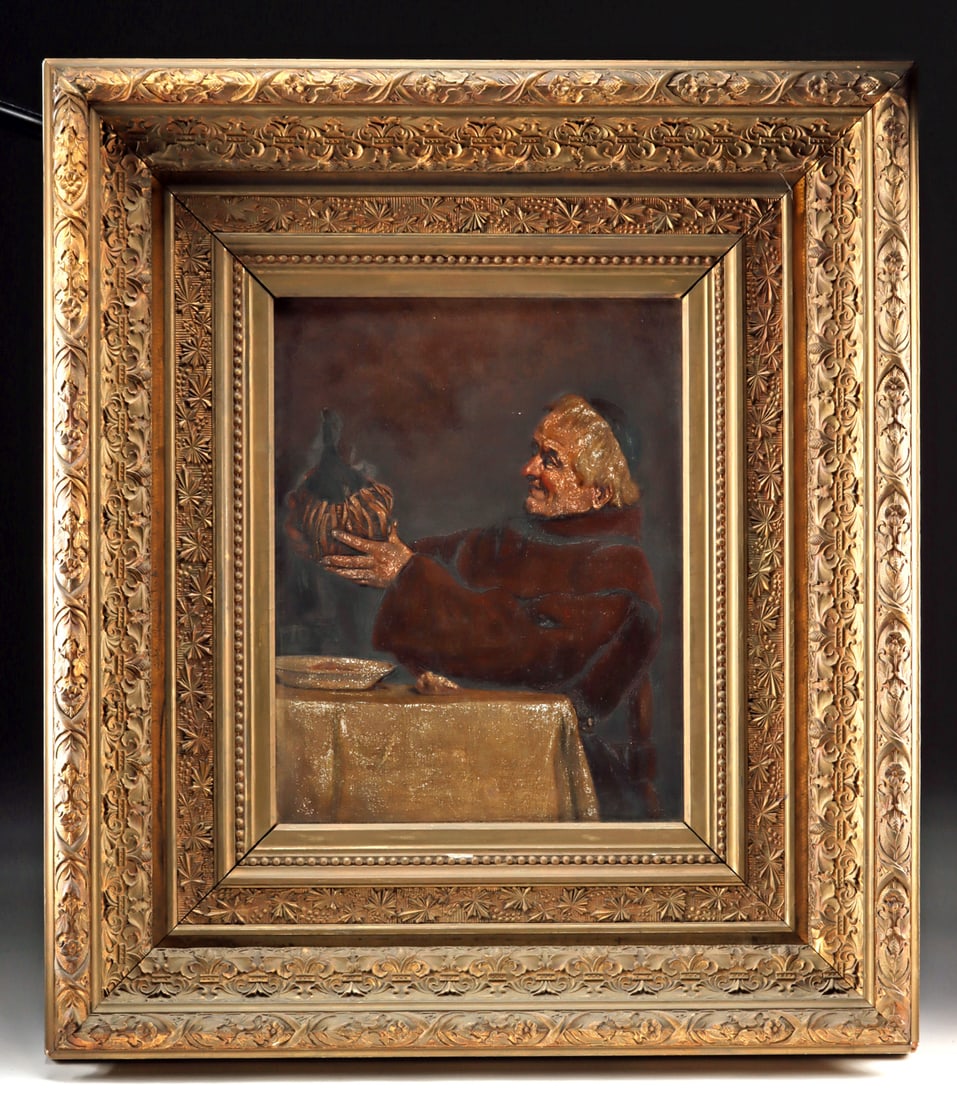 19th C. Painting of Friar in Period Gilt Frame: European, oil on canvas, 19th century. A charming 19th century oil painting that depicts an elderly Franciscan Friar donning a traditional brown robe habit who sits in solitude at a large table and ho