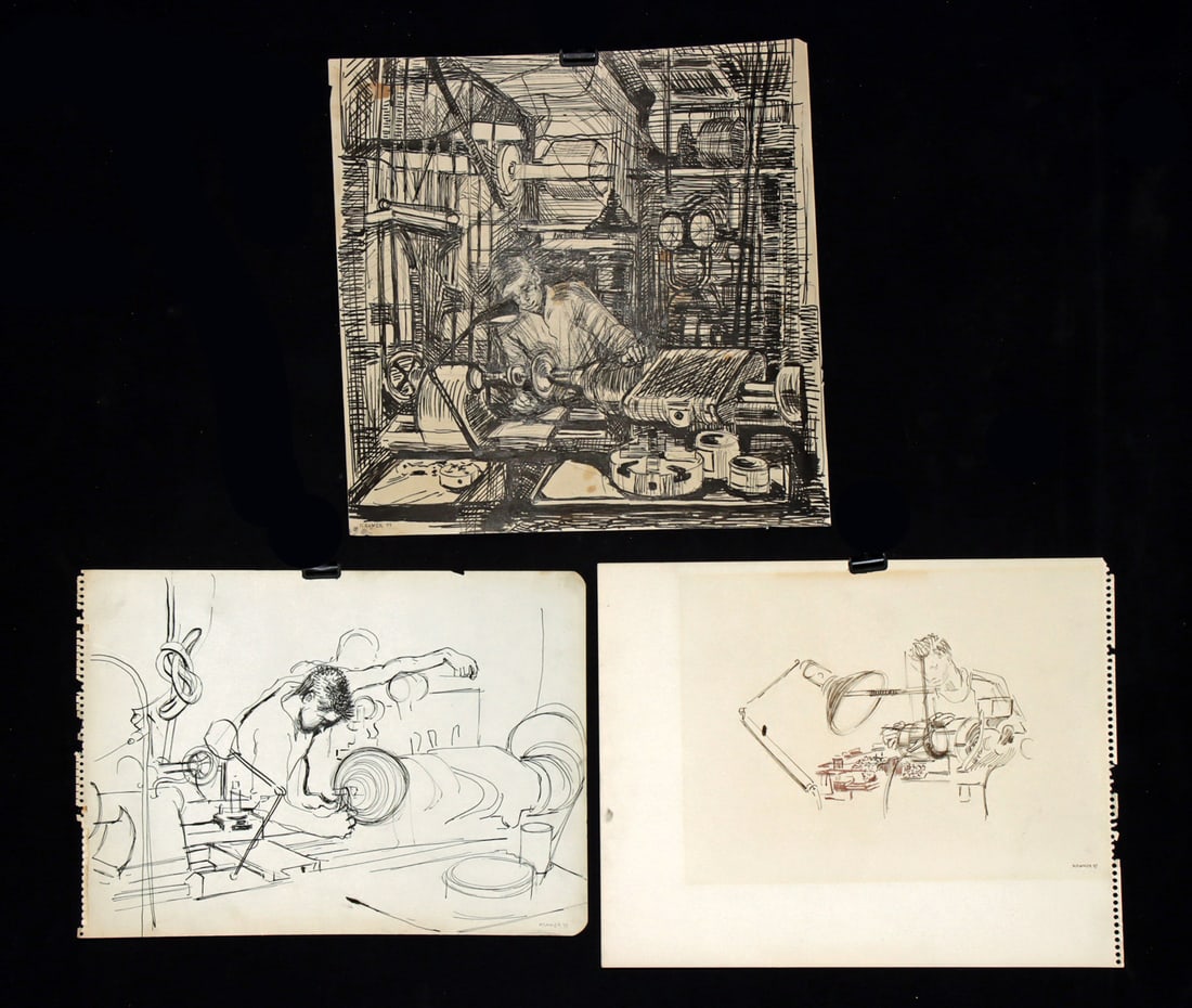 Three Edith Kramer Ink Drawings - Worker at Lathe 1940s: Edith Kramer (Austrian-American, 1916-2014). Three ink drawings, including "Worker at Lathe," dated 1943, 1944, and 1947. All signed and dated at lower corners. "Worker at Lathe" titled on verso. A fo