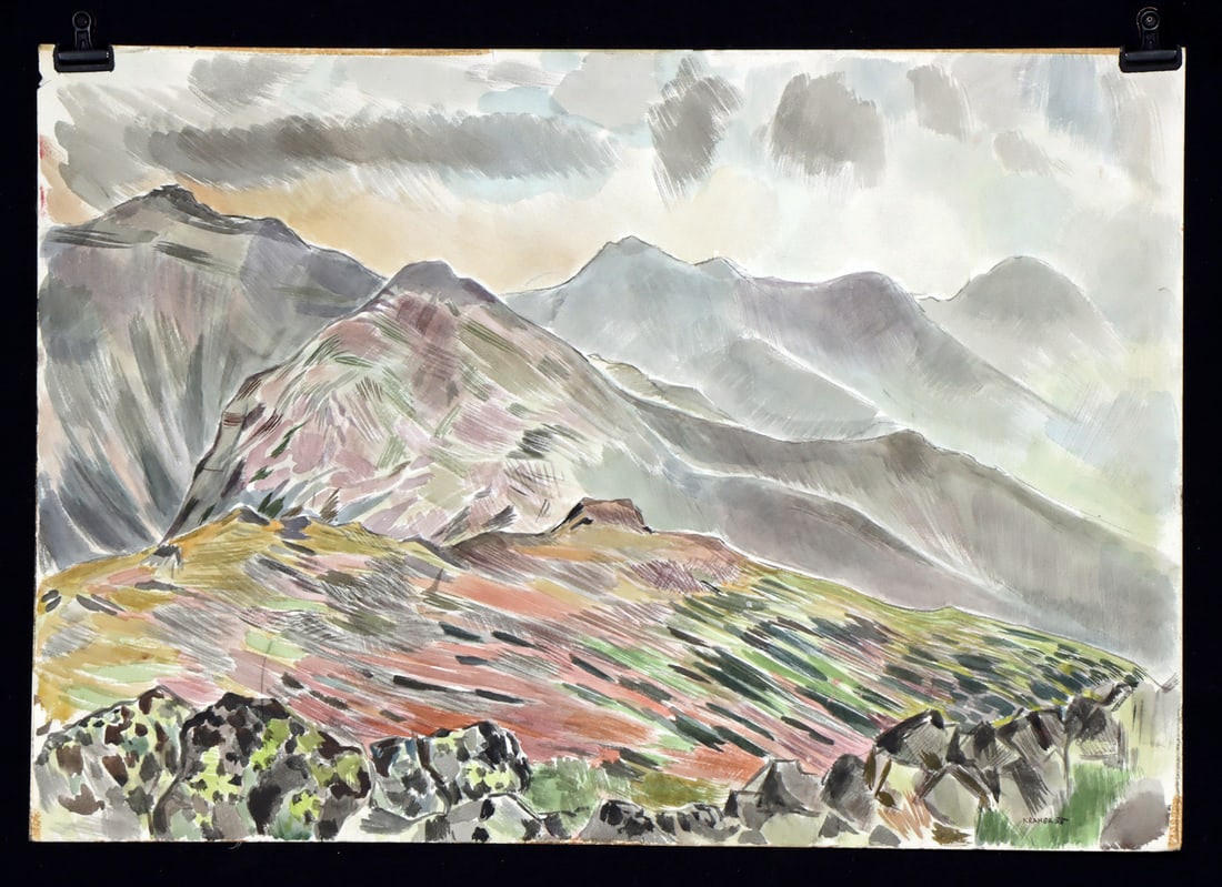 Edith Kramer Plein Air Watercolor Landscape (1955): Edith Kramer (Austrian born American, 1916-2014). Mountain Landscape. Watercolor on paper, 1955. Signed and dated at lower right. A luminous and quietly expansive plein air watercolor in which Edith K