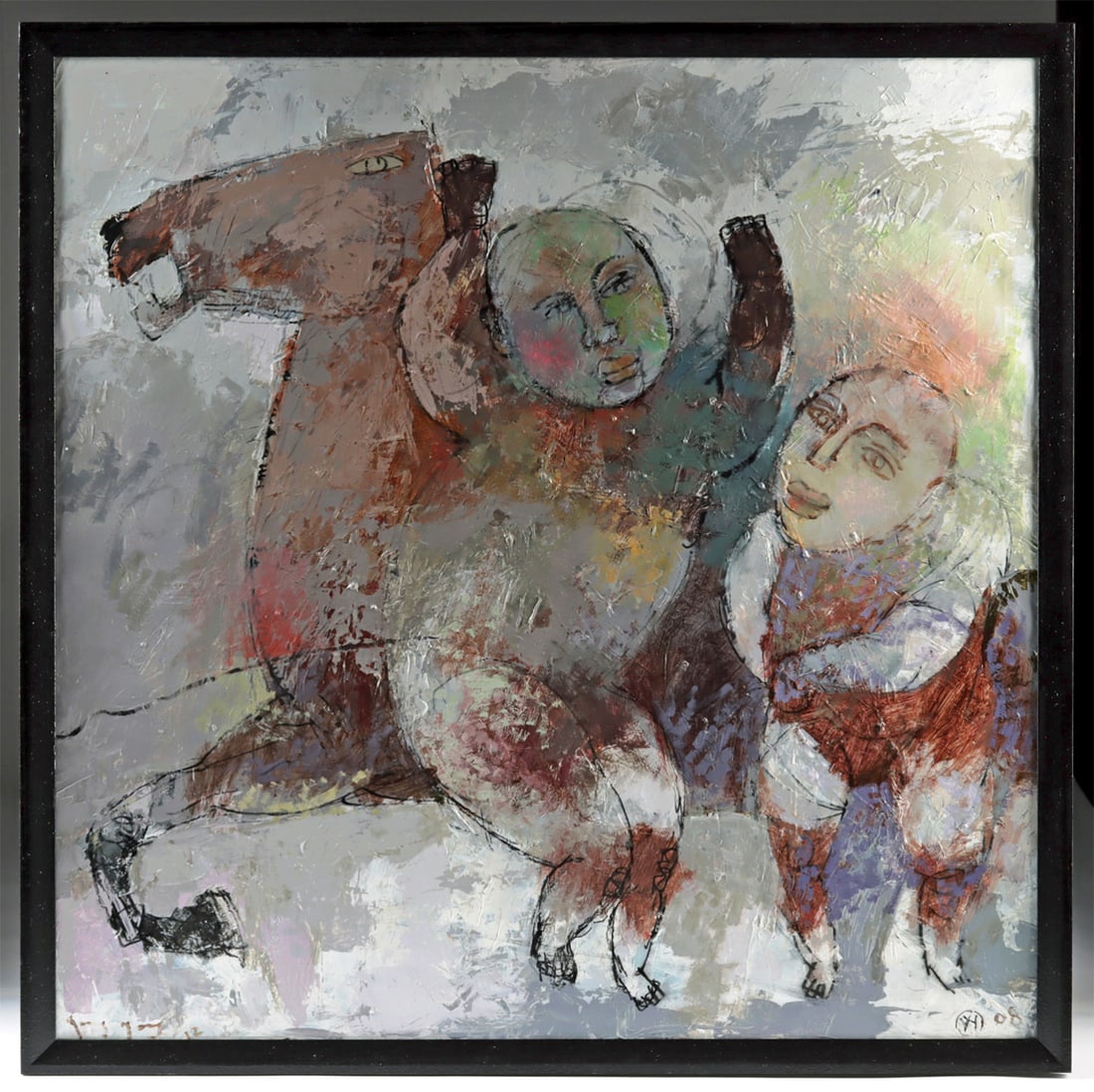 Yang Yang Painting - Horse and Figures (2008): Yang Yang (Chinese-American, b. 1953). Two figures with horse. Mixed media painting on canvas, 2008. Signed at lower left and initialed and dated at lower right. Two nude figures emerge before a horse