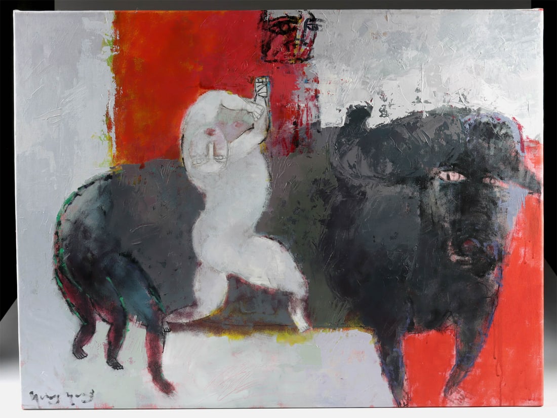Yang Yang Mixed Media Painting - Dancing Nude and Bull: Yang Yang (Chinese-American, b. 1953). Figure with bull. Mixed media on canvas, n.d. Signed at lower left. A pale, almost spectral figure leaps beside a massive bull, arms raised in a gesture that tee