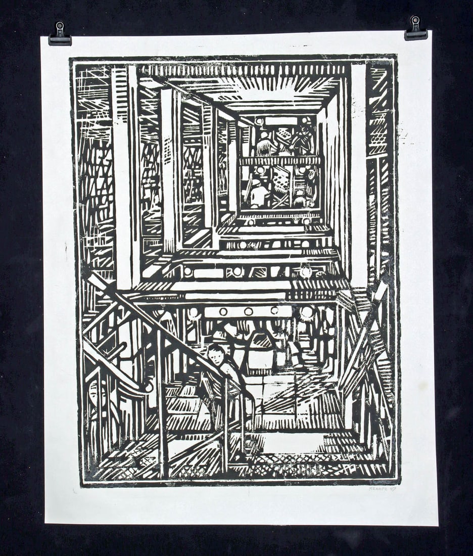 Edith Kramer Woodcut Proof "Subway Stairwell" (1947): Edith Kramer (Austrian born American, 1916-2014). "Subway Stairwell" woodcut proof on paper, 1947. Hand-signed and dated at lower right. A bold and rhythmically charged vision of postwar New York, "Su