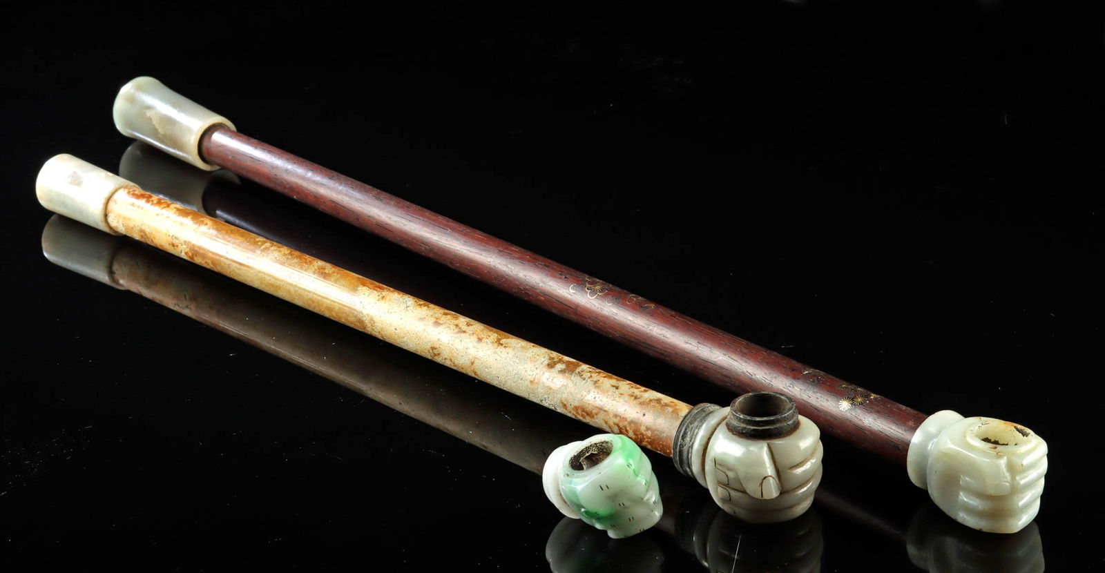 Two Chinese Smoking Pipes with Stone Fist Shaped Bowls (1 of 4)