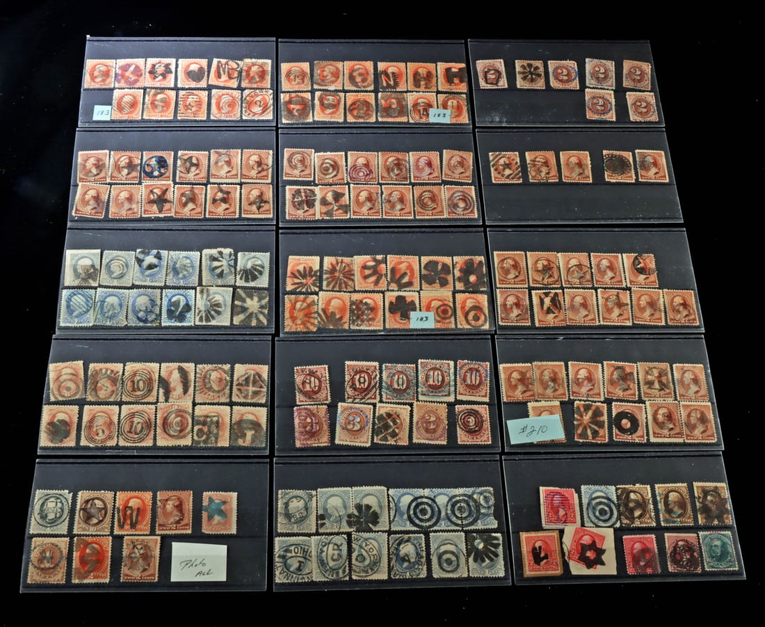 19th C. Washington & Jackson Cancelled Postage Stamps: United States, ca. late 19th to early 20th century CE. A group of 157 United States postage stamps, prominently featuring George Washington and Andrew Jackson portrait issues from the 1800s alongside