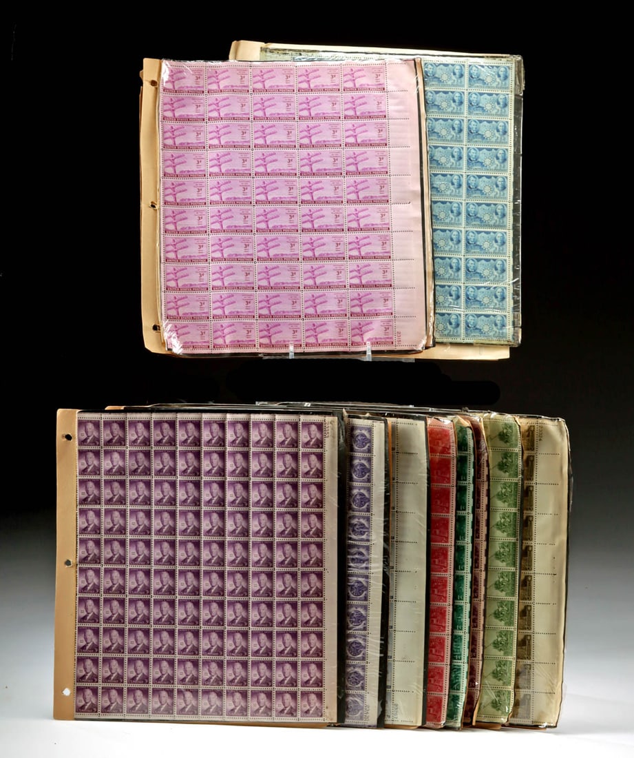 1940s Stamp Sheets, Includes Lincoln China Resistance!: United States, ca. 1940s CE. Thirteen uncut United States postage stamp sheets from 1942 to 1946, featuring major World War II-era commemoratives and patriotic issues with original plate numbers. All