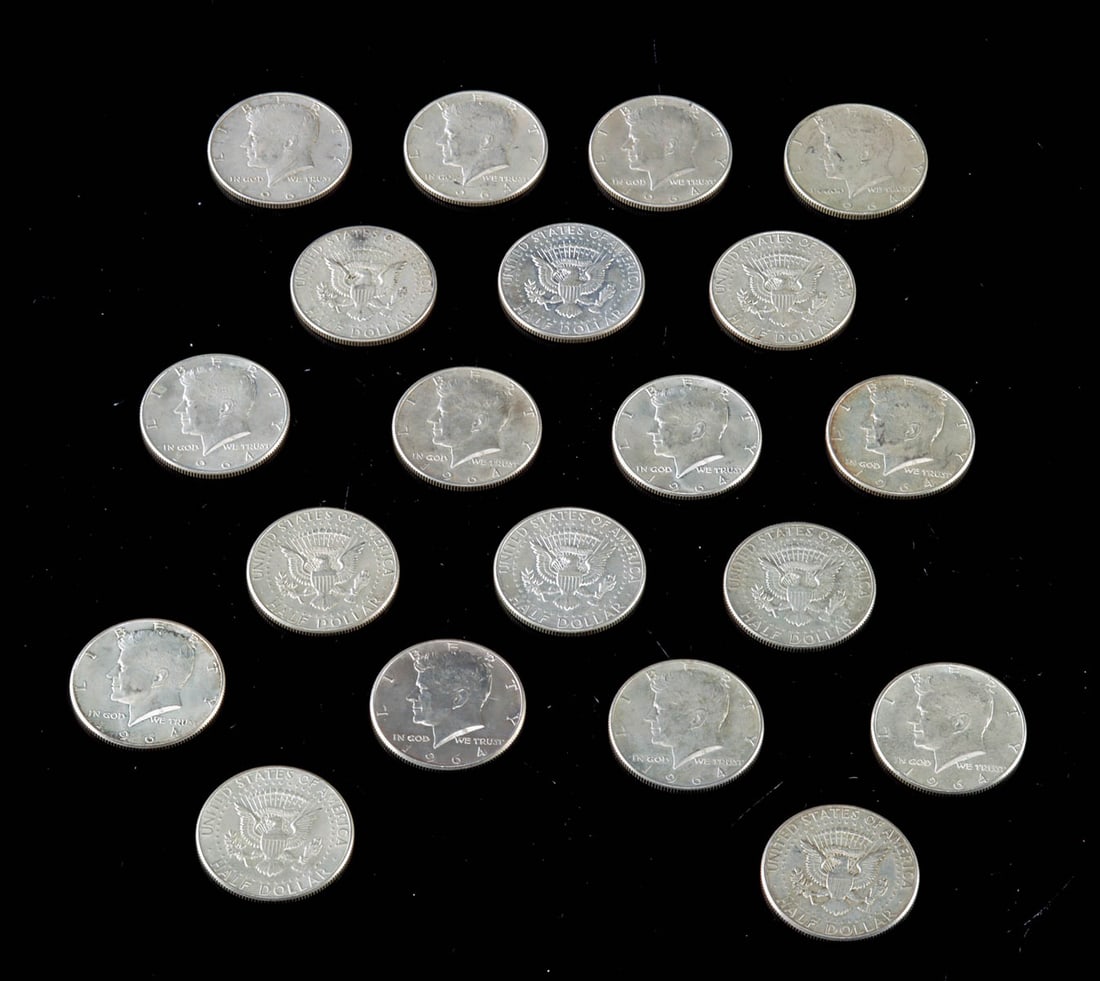 Group of Twenty Silver 1964 Kennedy Half Dollars (1 of 2)