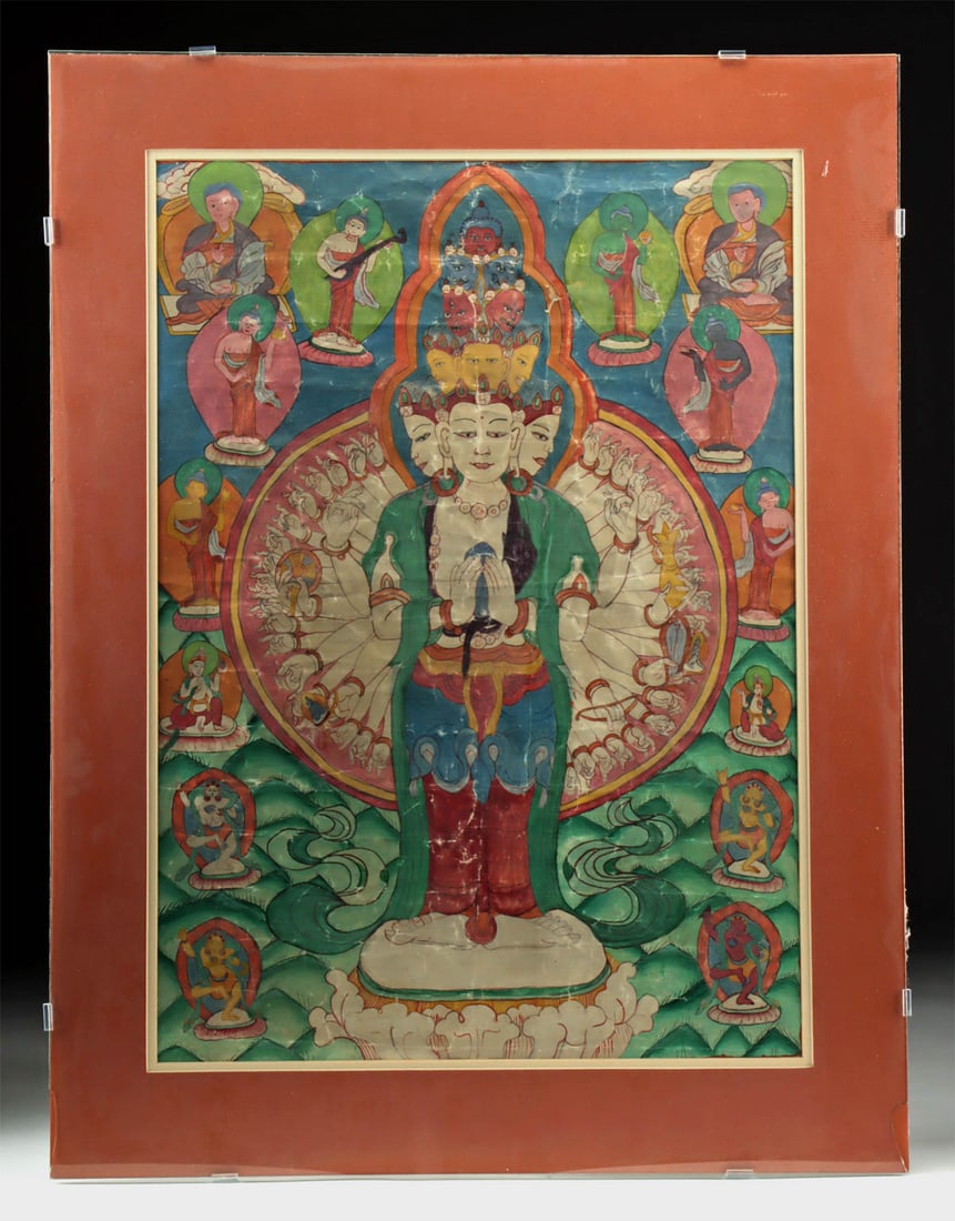 19th C. Tibetan Thangka - Eleven-Headed Avalokiteshvara: Central Asia, Tibet, ca. 19th century CE. A luminous 19th century Tibetan thangka portraying the Eleven-Headed Avalokiteshvara, the Bodhisattva of Compassion, rendered with reverence and intricate sym
