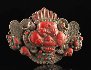 Nepalese Brass Kirtimukha Pectoral with Inlays