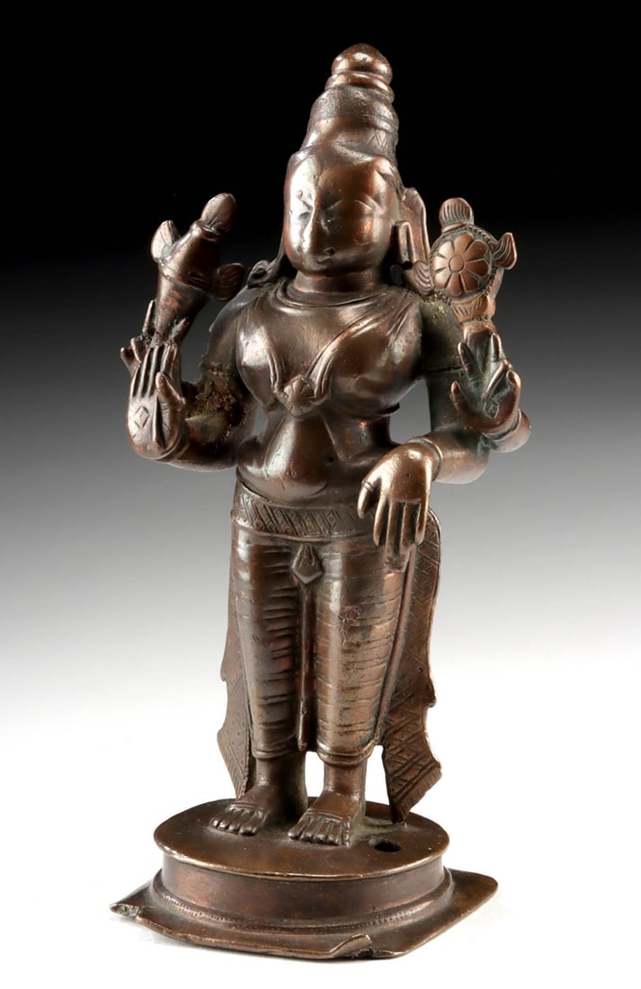 17th C. Indian Copper Vishnu Murti, Heavy Ritual Wear!: South Asia, Southern India, Tamil Nadu region, ca. 17th to 18th century CE. A cast copper murti figure of the Hindu god Vishnu, one of the principal deities of the Hindu pantheon. Revered as the prese