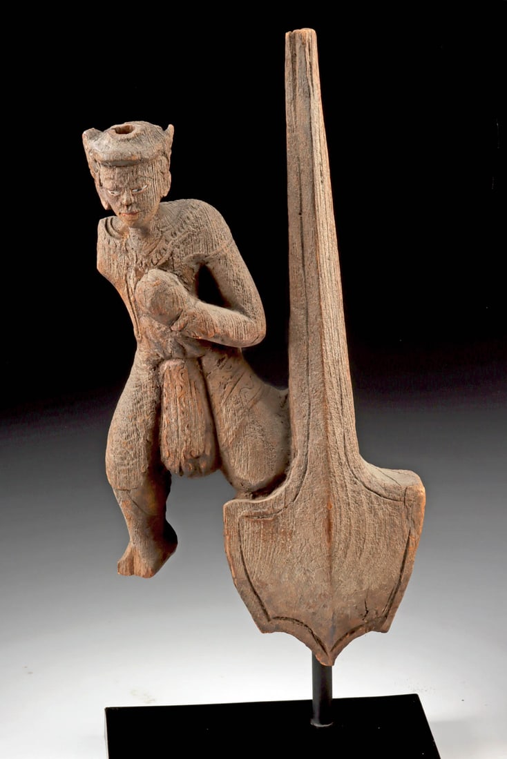 19th C. Burmese Nat Figure - Striking Nacre Shell Eyes: Southeast Asia, Burma (Myanmar), ca. 19th century CE. Southeast Asia, Burma, ca. 19th century. Southeast Asia, Burma, ca. 19th century. A splendid teakwood carving of a dynamic male figure with inlaid