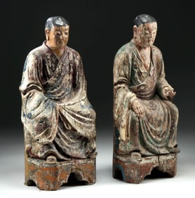 Pair of 18th C. Chinese Qing Wood Lohans w/ Glass Eyes