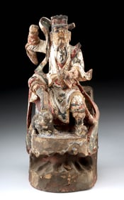 Chinese Ming Dynasty Wood God of Wealth & Black Tiger