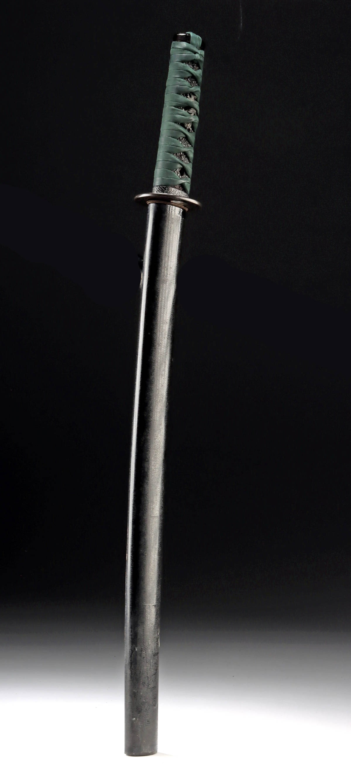 Japanese Wakizashi Koshirae Mounts, Silver Menuki Lions: East Asia, Japan, late Edo to Meiji era, ca. late 19th to early 20th century CE. A wakizashi koshirae from the Edo to early modern era, this offering consists of the saya (scabbard) and mountings only