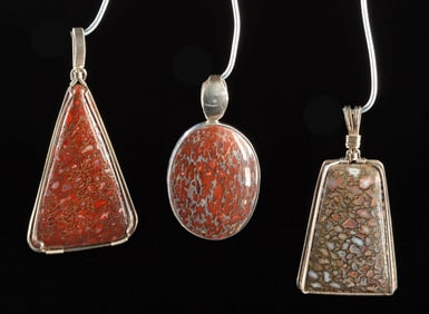 Three Dinosaur Bone Fossil Pendants in Silver Settings