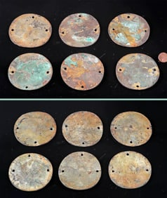 Six Large Chimu Gilt Copper Discs, Regalia Ornaments