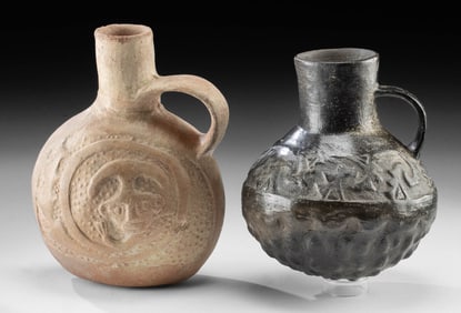 Two Chimu Blackware Bird Motif & Buff Figural Vessels