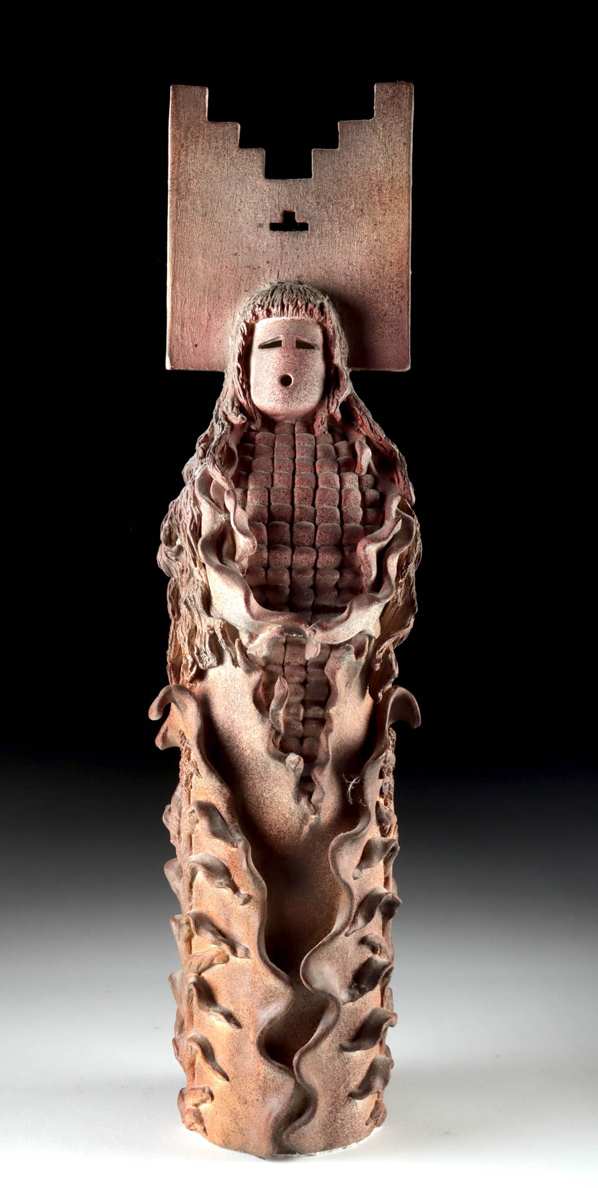 Signed Native American Corn Maiden Ceramic Figure: Native American, Southwestern United States, Navajo / Pueblo, ca. 2003 CE. A hollow ceramic standing Corn Maiden / Mother figure with a tall, stepped tablita headdress, and a smooth, ovoid face marked