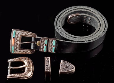 Belt w/ Silver Navajo Buckle Inlaid Turquoise & Coral