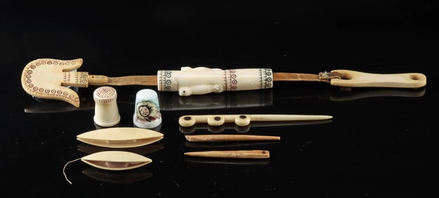 Alaska Walrus Ivory Sewing Kit, Tools, & Thimbles