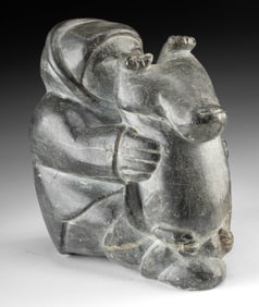 Elijassiapik Signed Inuit Soapstone Hunter & Otter