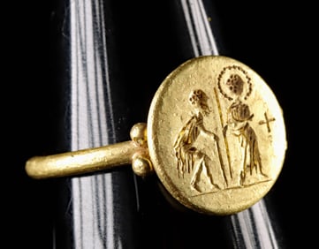 6th C. Byzantine Gold Signet Ring Elderly Male & Saint