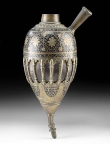 Persian 19th C. Qajar Silver Brass Qalyan Hookah Base