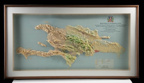Framed Dominican Republic Topographical Map, 4.5' Long!