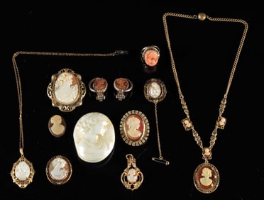 Lot of 12 Victorian Cameo Jewelry Pieces - Mixed Media