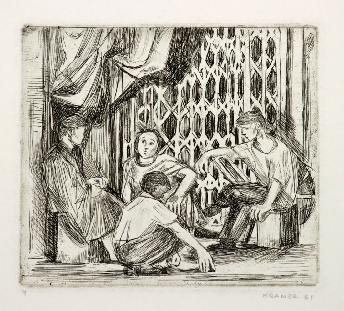 Edith Kramer Etching - Bowery, New York (1961): Edith Kramer (Austrian born American, 1916-2014). "Bowery, New York" etching on paper, 1961. Number 9. Hand-signed, dated, and numbered in pencil beneath etching. A quietly powerful depiction of urban