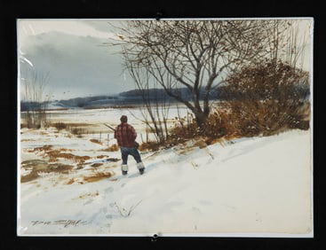 Don Stone Watercolor - Hunter in Snowy Field (1970s)