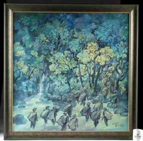 20th C. Painting of Soldiers Marching through a River
