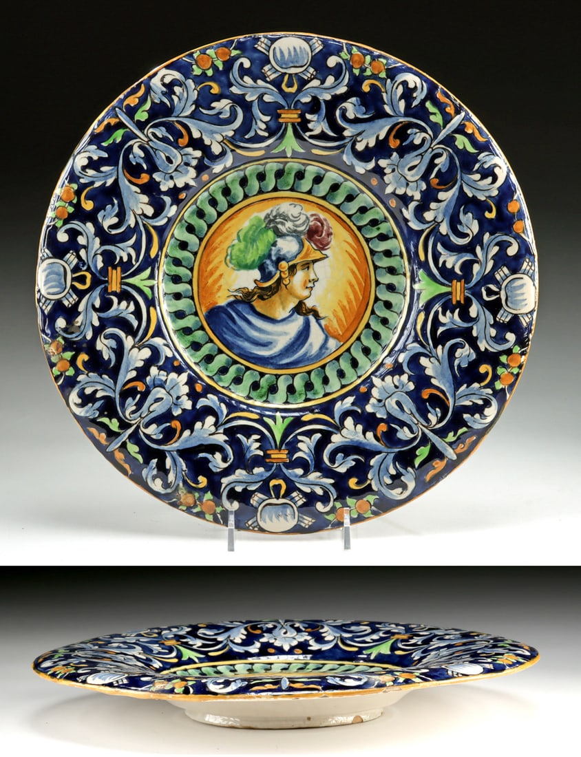 19th C. Italian Renaissance Revival Maiolica - Athena: Western Europe, Italy, Renaissance Revival, ca. 19th century CE. A richly theatrical homage to Renaissance humanism, this Italian maiolica portrait charger centers on Athena, goddess of wisdom and war