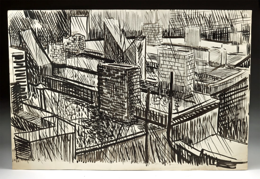 Edith Kramer Ink Drawing "Rooftops in the Rain" (1945): Edith Kramer (Austrian born American, 1916-2014). "Rooftops in the Rain" ink drawing on paper, 1945. Dated at lower right and titled on verso. A rain-soaked city rises in fractured planes and urgent l