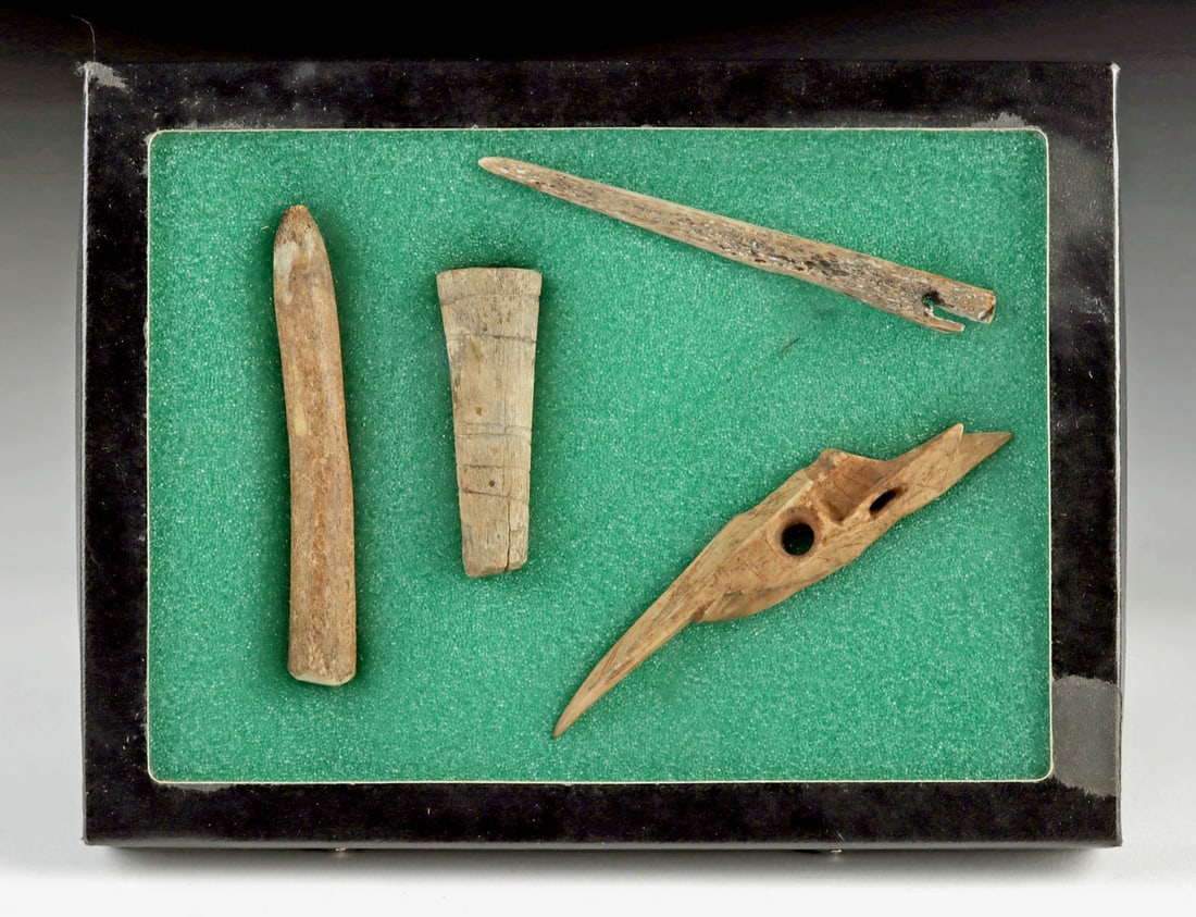 Alaska Inuit Bone Tools & Ivory Toggle Harpoon Head: Native American, Northwestern United States, Alaska, Beringian / Old Bering Sea Culture, Punuk & Thule to Inuit, ca. 200 BCE to 1800 CE. A group of 4 carved bone and walrus ivory tools including an ea