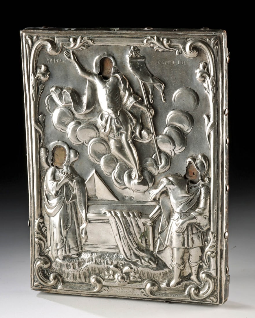 Romanian Silver Oklad Icon, Resurrection w/ Donor Names: Eastern Europe, Romania, Orthodox Christian, ca. late 19th to early 20th century CE. A radiant vision of the risen Christ rendered in repousse silver, this Romanian Orthodox icon depicts the Resurrect