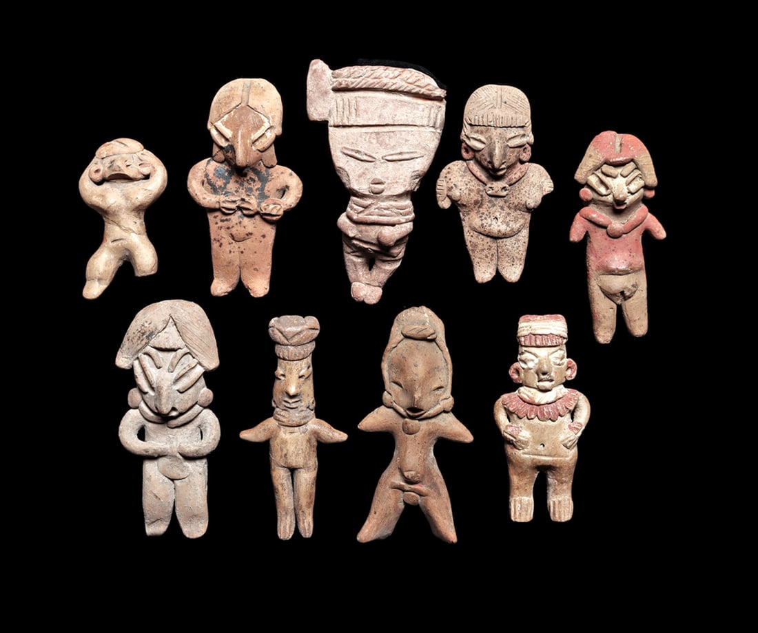 Pre-Classic & Chupicuaro Miniatures Figures (9): Group of nine different buff color solid pottery miniature figures, including five "pretty lady" types, four wearing an applied necklace, and two retain their red and white painted highlights. One