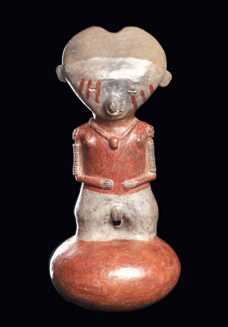 Chinesco Standing Female Figure on Vessel: Large bichrome decorated pottery female figure standing on an integral bulbous vessel base. She holds both hands on her stomach and has a heart shape head with simple facial features. Wearing a simple