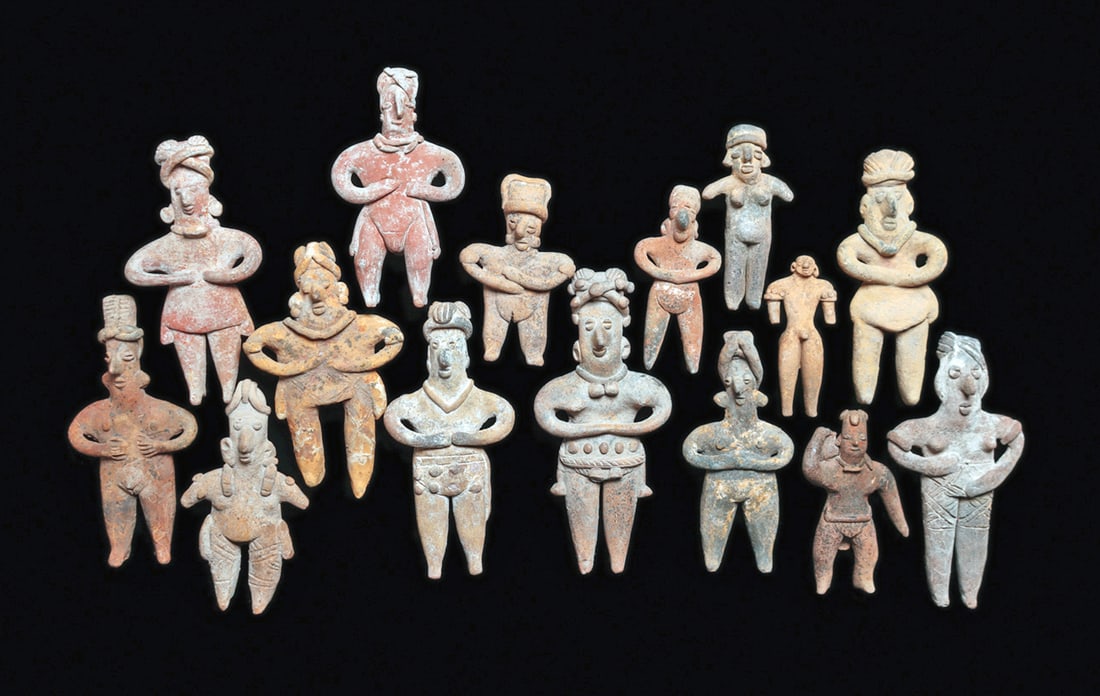 Group of Colima Standing Figures (15): Group of fifteen standing solid pottery figures, both male and female, many wearing loincloths, necklaces and wearing headbands. One with both legs reattached, and a chip on foot. One figure has a rea