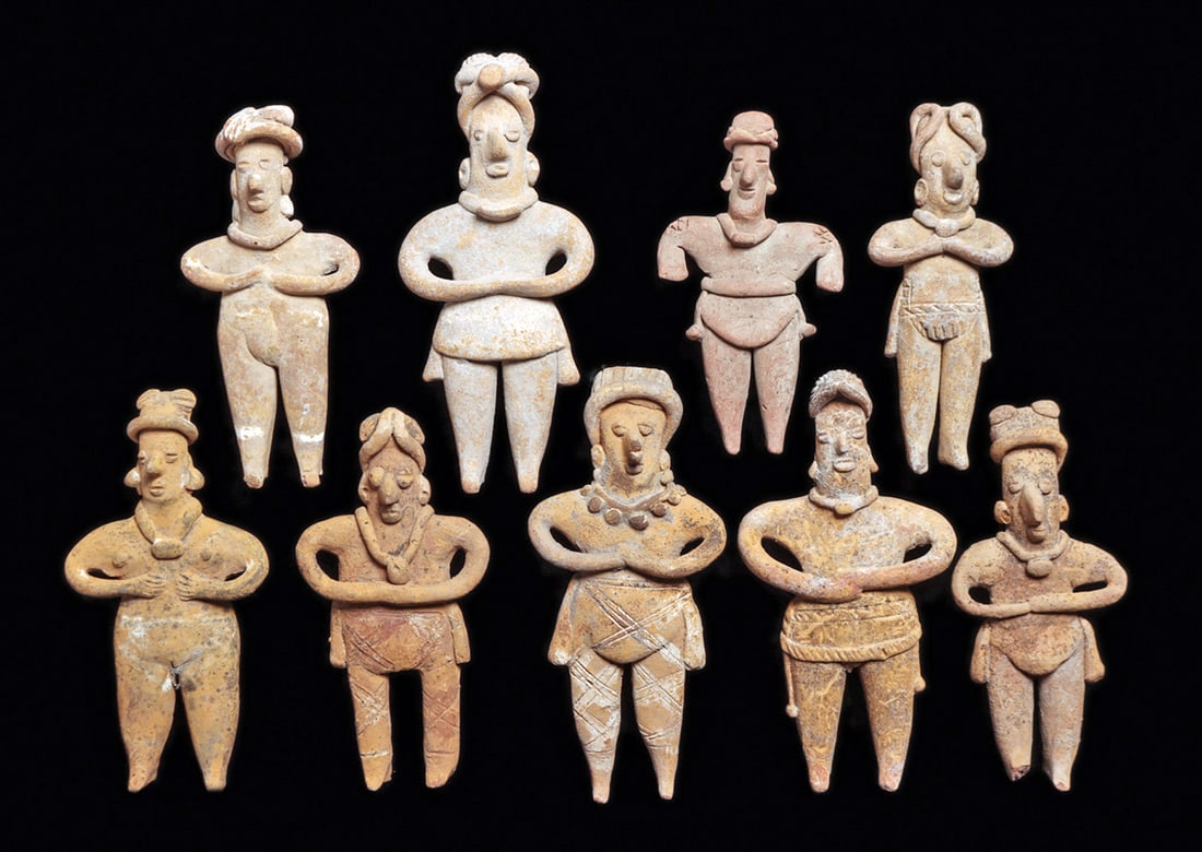 Group of Colima Standing Figures (9): Group of nine standing figures, most are holding their hands on their stomachs and wearing loincloths, several wearing necklaces and various headbands. Four have remaining ocher surface pigment. One w