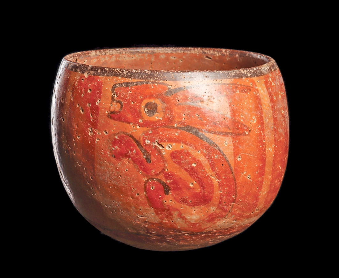 Maya Bowl with Crouching Rabbits: Pottery bowl, polychrome decorated on the exterior with a crouching rabbit on both sides, with wide orange painted brush strokes between the rabbits, black painted rim. A minor tight short hair line f