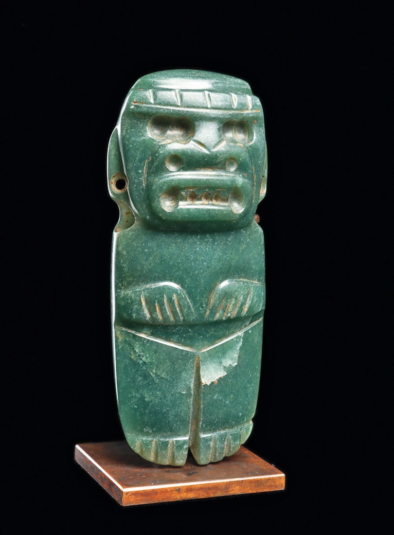 Costa Rican Olmecoid Blue Jade Figural Pendant: Fine carved blue-green jade anthropomorphic god deity, depicted with a beautifully carved fierce facial expression, probably in transformation to a jaguar. Wide toothy mouth and wide snout type nose w