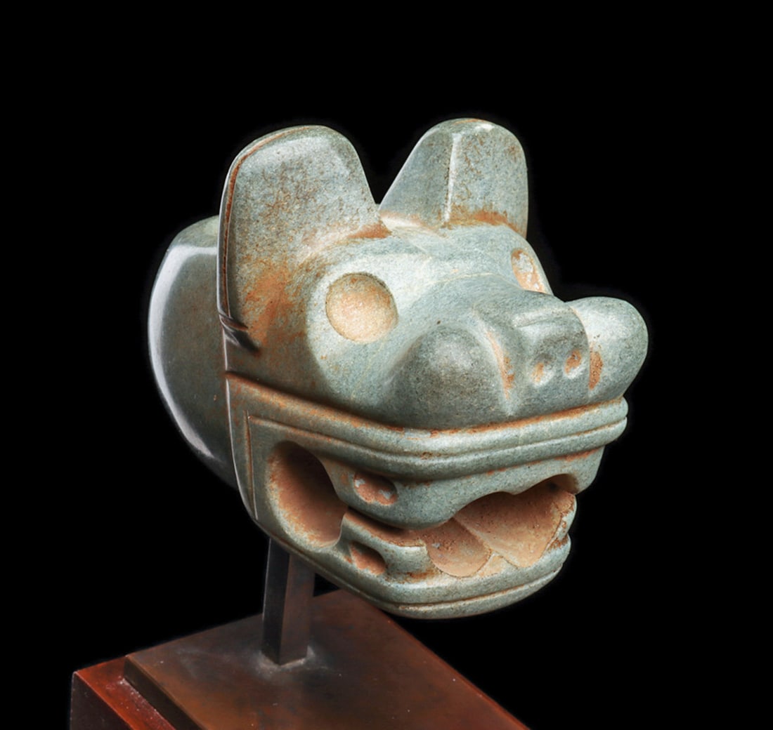 Costa Rican Jaguar Head Mace Head: Fine carved grayish-green jadeite ceremonial mace head depicting a stylized jaguar head with perked ears, open toothy fanged mouth having deeply drilled openwork, large round drilled eyes, and a rear