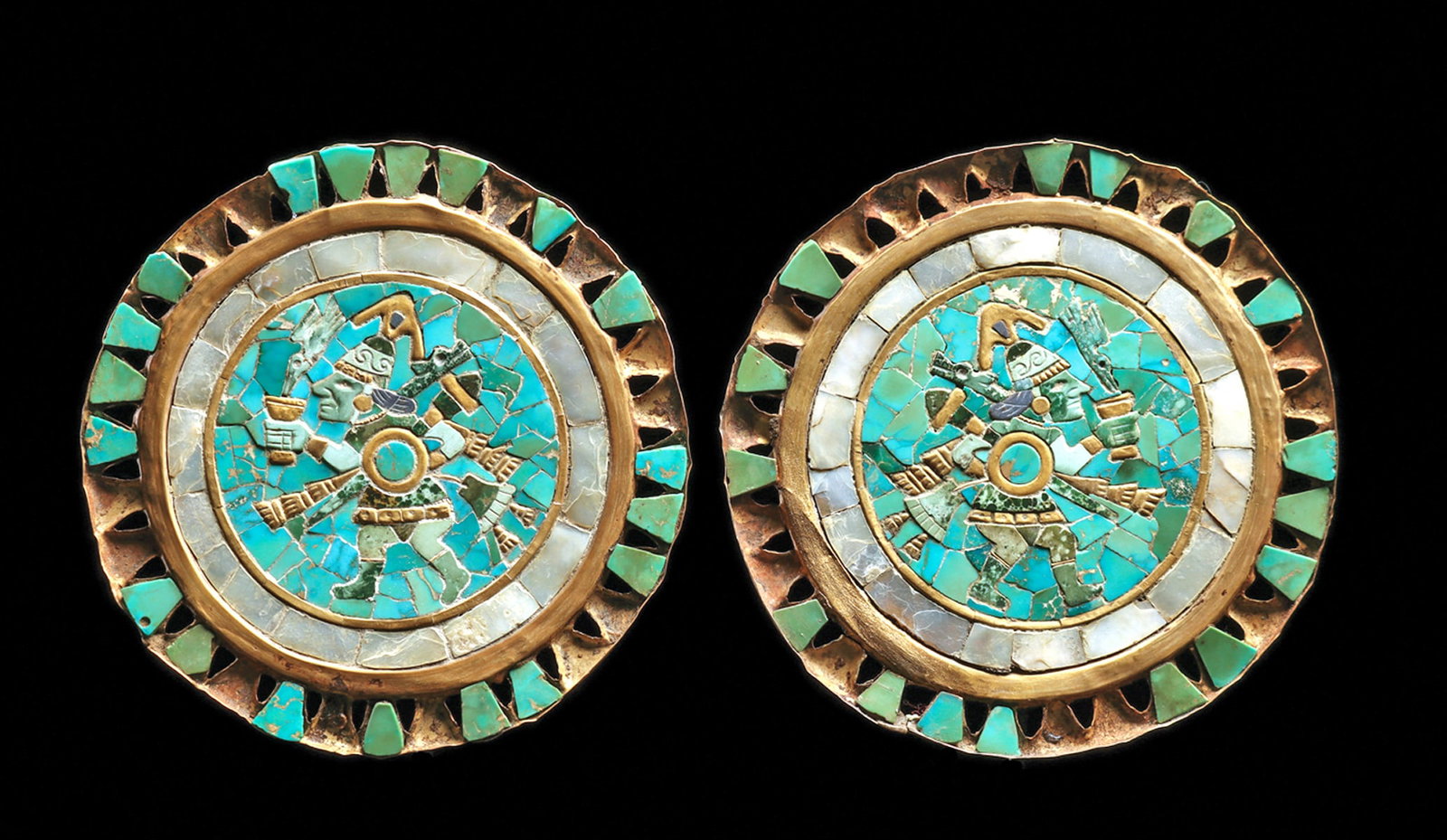 Important Large Moche Gold & Mosaic Ear Ornaments: An exquisite pair of Royal Moche ear ornaments composed of gold frames inset with colorful tessarae inlays of gold, turquoise, Chilean lapis (sodalite), nephrite, jadeite and mother-of-pearl. The icon