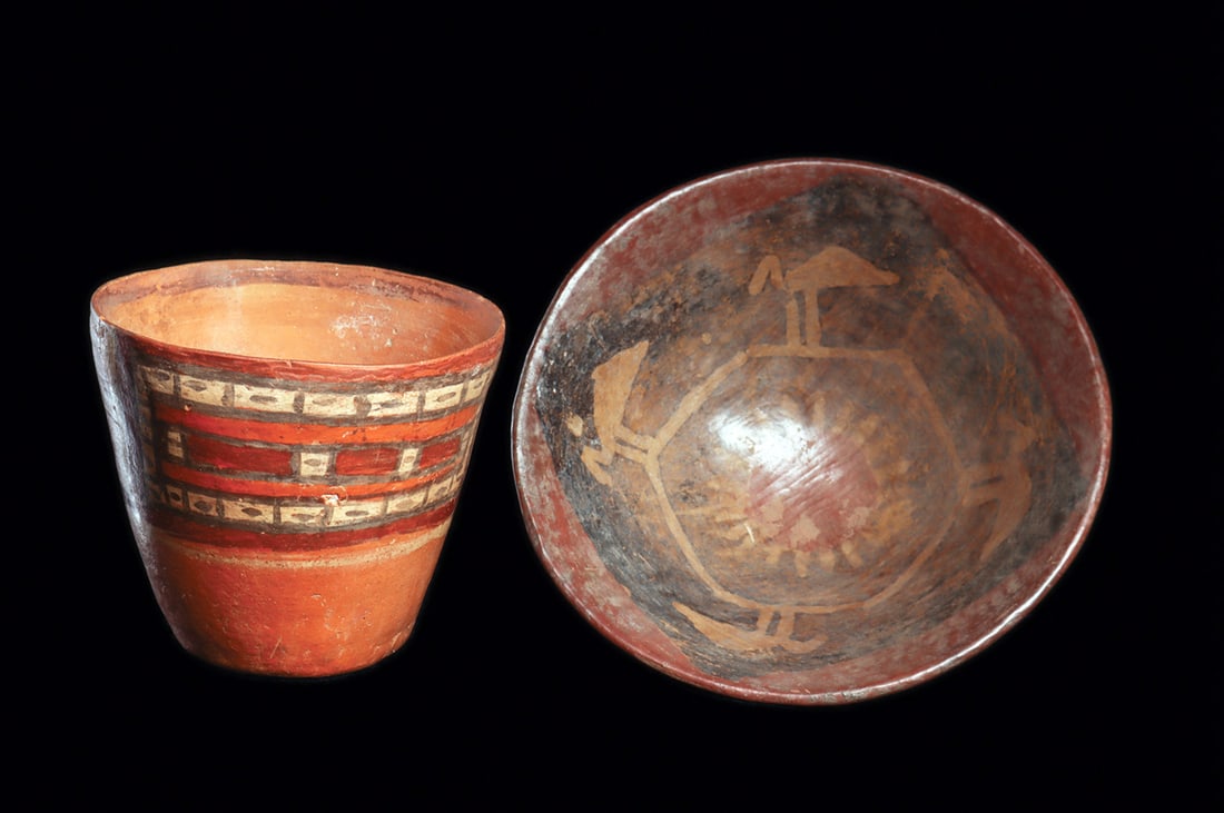 Carchi Bowl & Ica Kero (2): Two different pottery examples, including an Ica kero having two rectangular, polychrome painted panels, probably depicting a snake. Tiny pinhead flake on the rim, otherwise intact. Together with a Ca
