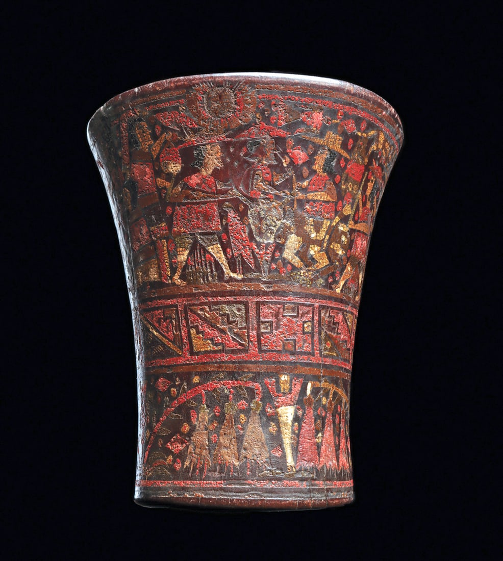 Inca Colonial Wooden Decorated Kero: Carved wood, corset form, drinking vessel incised decorated in multicolor resin paint with a wide upper band depicting a marriage scene with the bride and groom drinking from keros. Large aryballos be