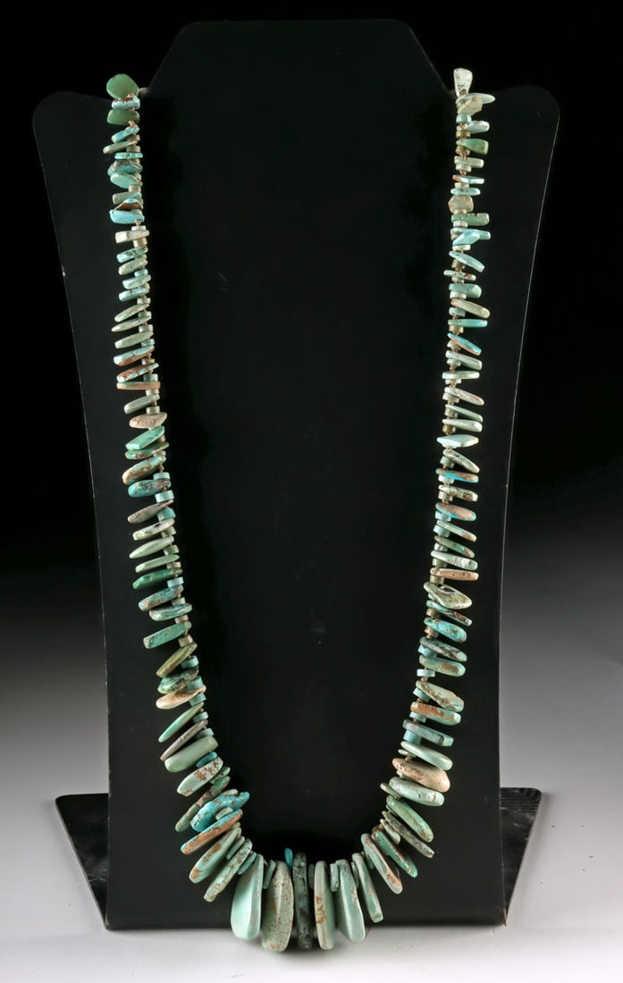 Ancient Anasazi Turquoise Beads, Strung as Necklace: Native American, Southwestern United States, Ancestral Pueblo (Anasazi), ca. 900 to 1400 CE. A strand of ancient turquoise beads composed of graduated, irregular tablet and nugget-form elements in pal