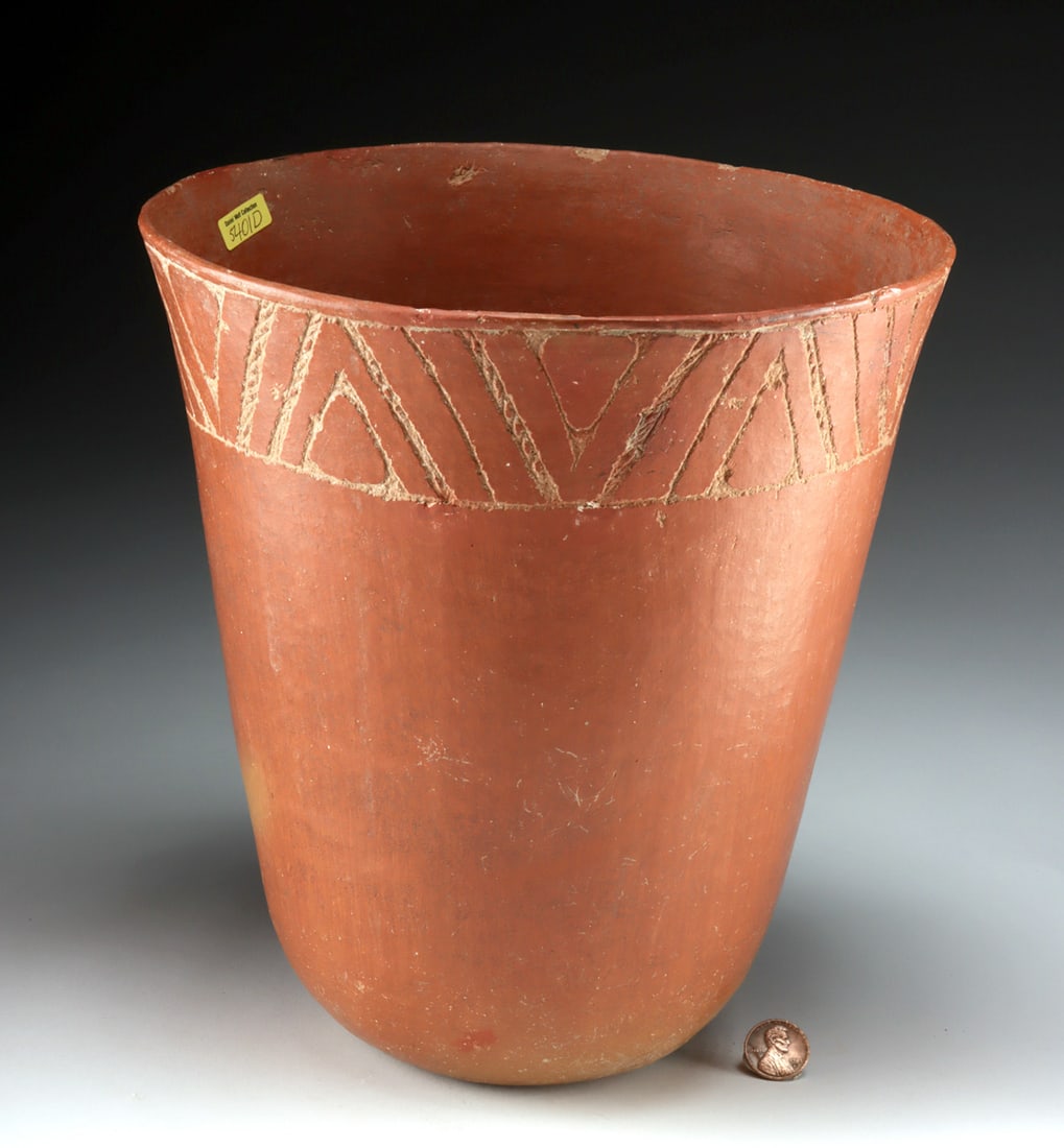 Mississippian Caddo Incised Redware Avery Jar: Native American, Southeast United States, Mississippian culture, Caddo, Avery tradition, Red River County, Texas, ca. 1200 to 1400 CE. A Mississippian Caddo pottery Avery jar of commanding presence, i