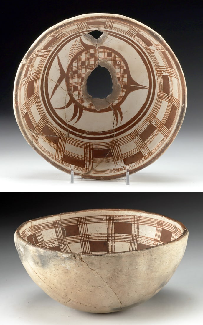 Mimbres Fish Bowl, Rare Checkered Pattern & Kill Hole (1 of 4)